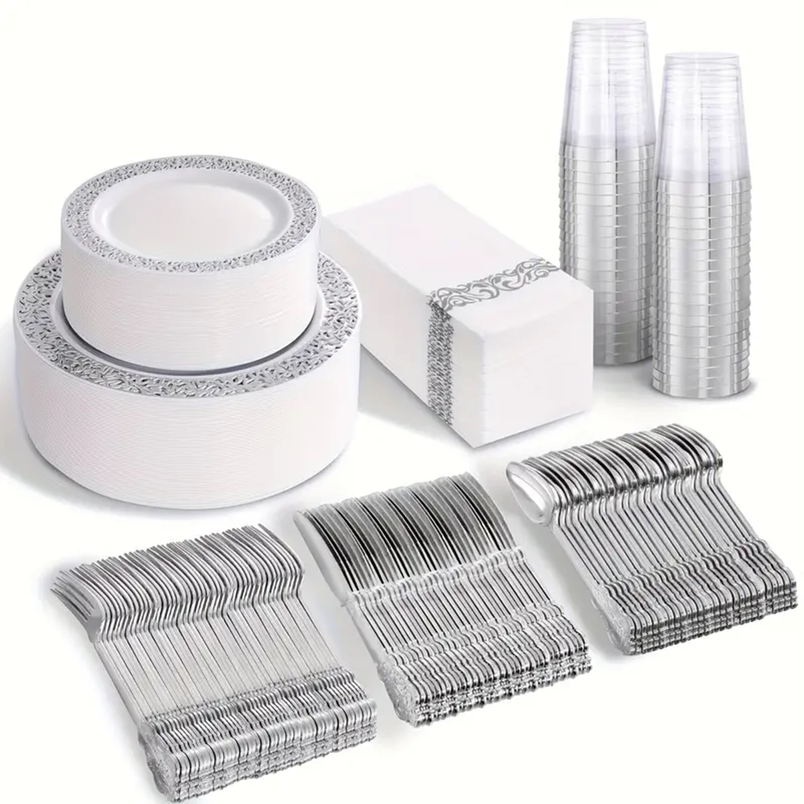 Elegant Silver and White Lace Design Disposable Tableware Set for 50 Guests