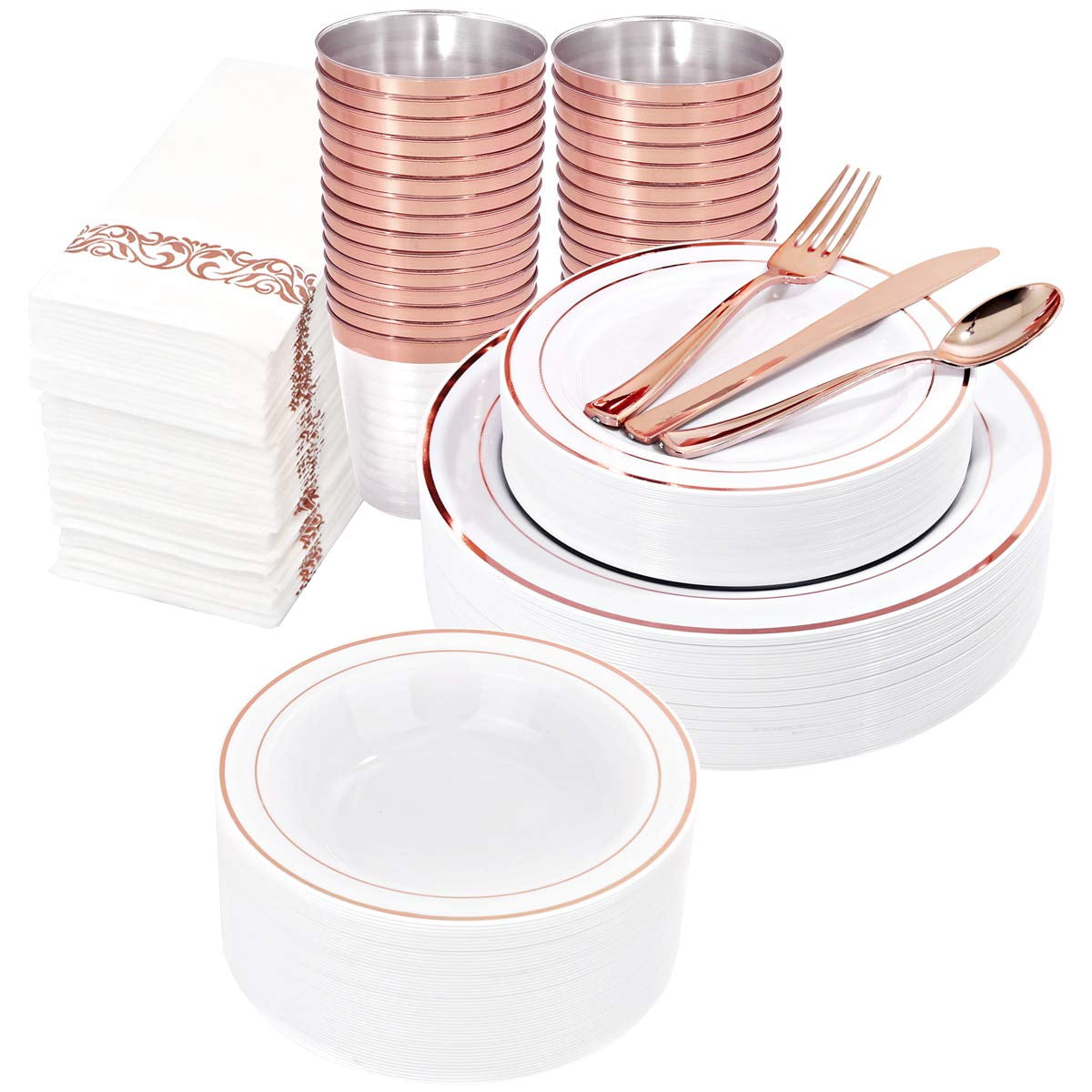 WDF 50Guest Rose Gold Plastic Plates with Disposable Plastic Silverware& Rose Gold Cups&Rose