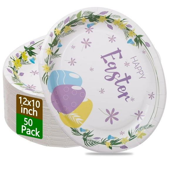 WDF 50Pack Easter Paper Plates - AFN1Oval Paper Plates 10" x 12" for Party Supplies Easter Eggs Large Disposable Platter for Easter Serving Tray