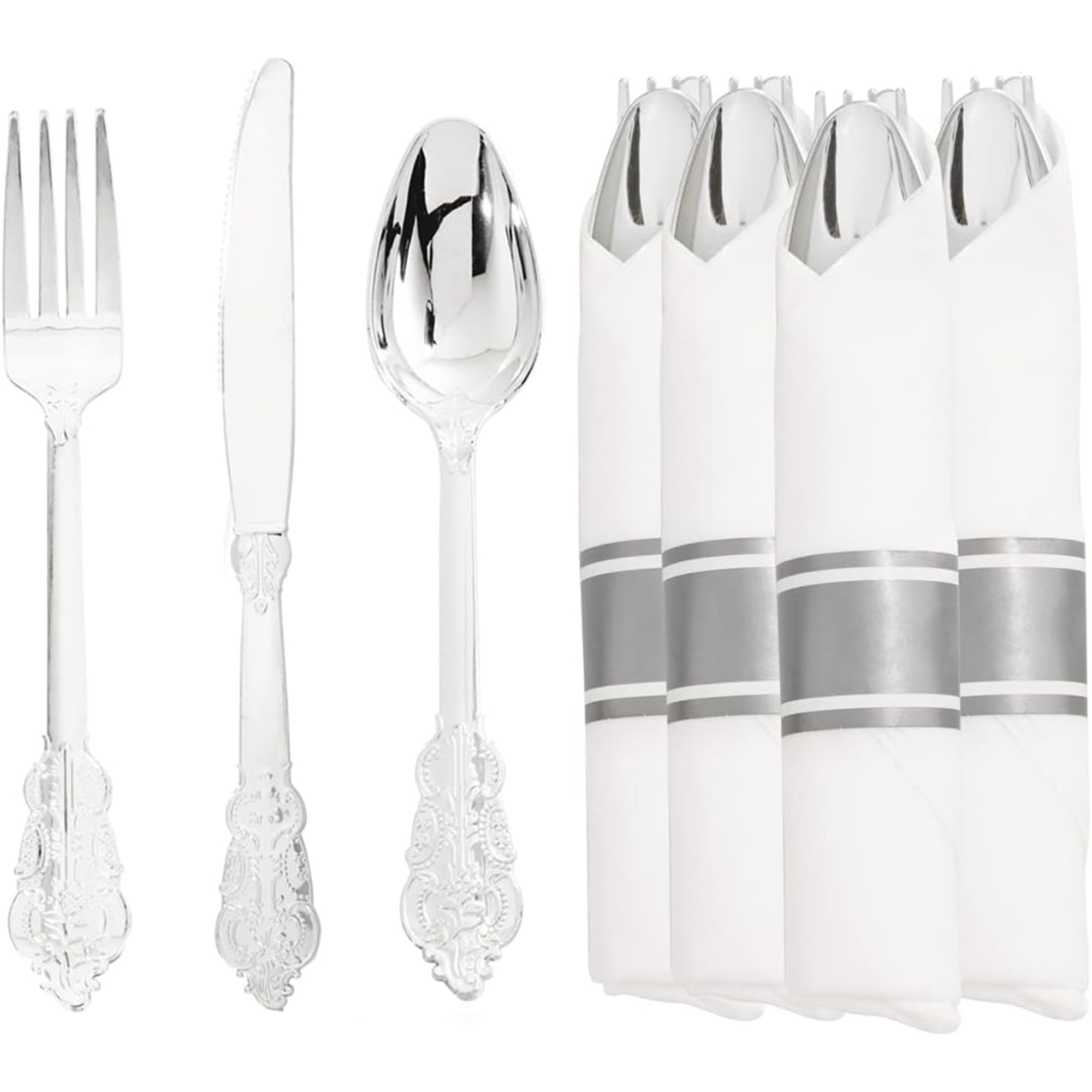 WDF 90PCS Wrapped Silver Plastic Cutlery Set Ecofriendly Fancy Fork