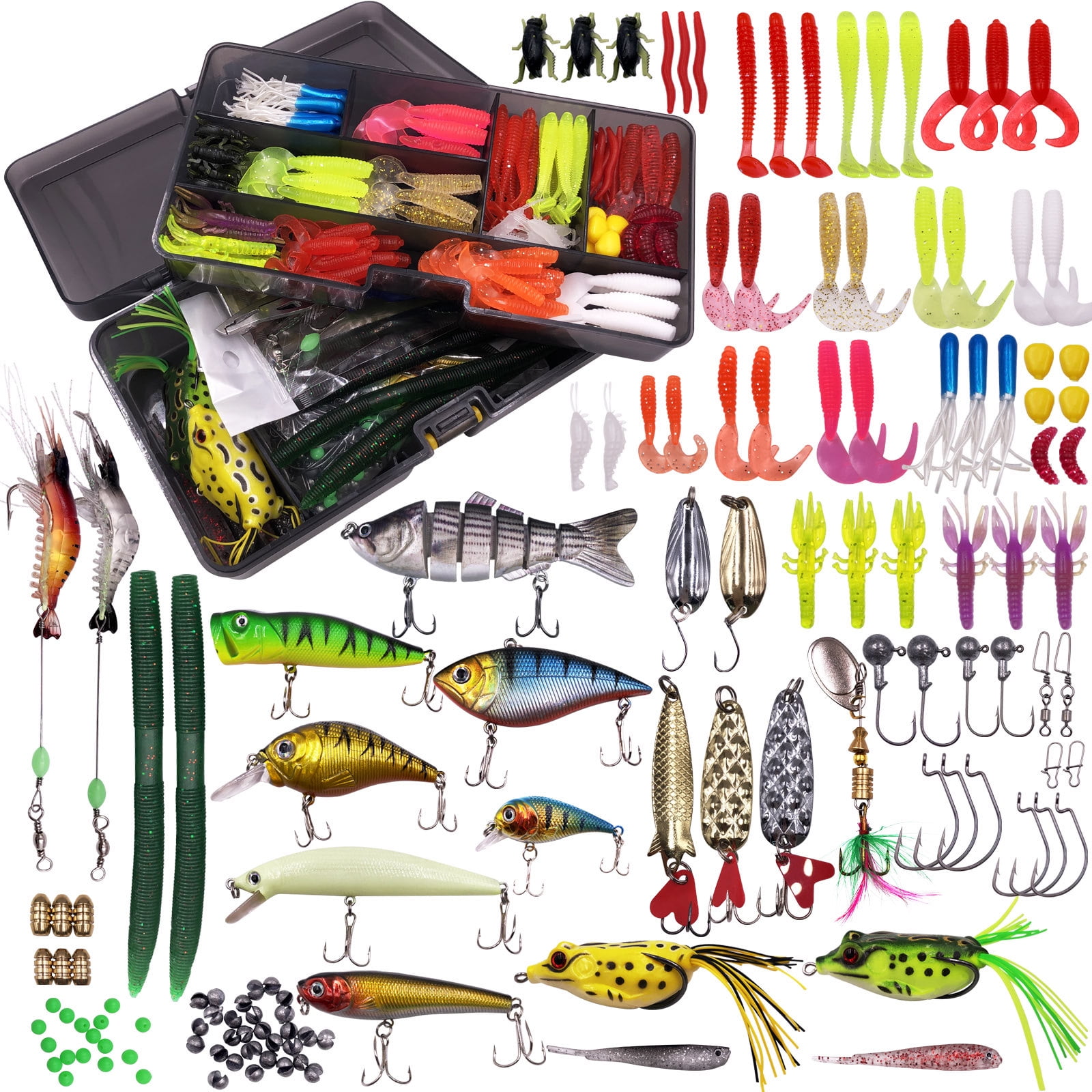 RUNCL Topwater Frog Lures Soft Fishing Lure Kit with Tackle Box for Bass Pike of