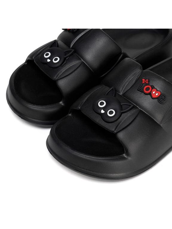 Women's Cool Shoes with Cute Cat Logo, Waterproof and Anti-Slip EVA Flat Sandals,Black,M