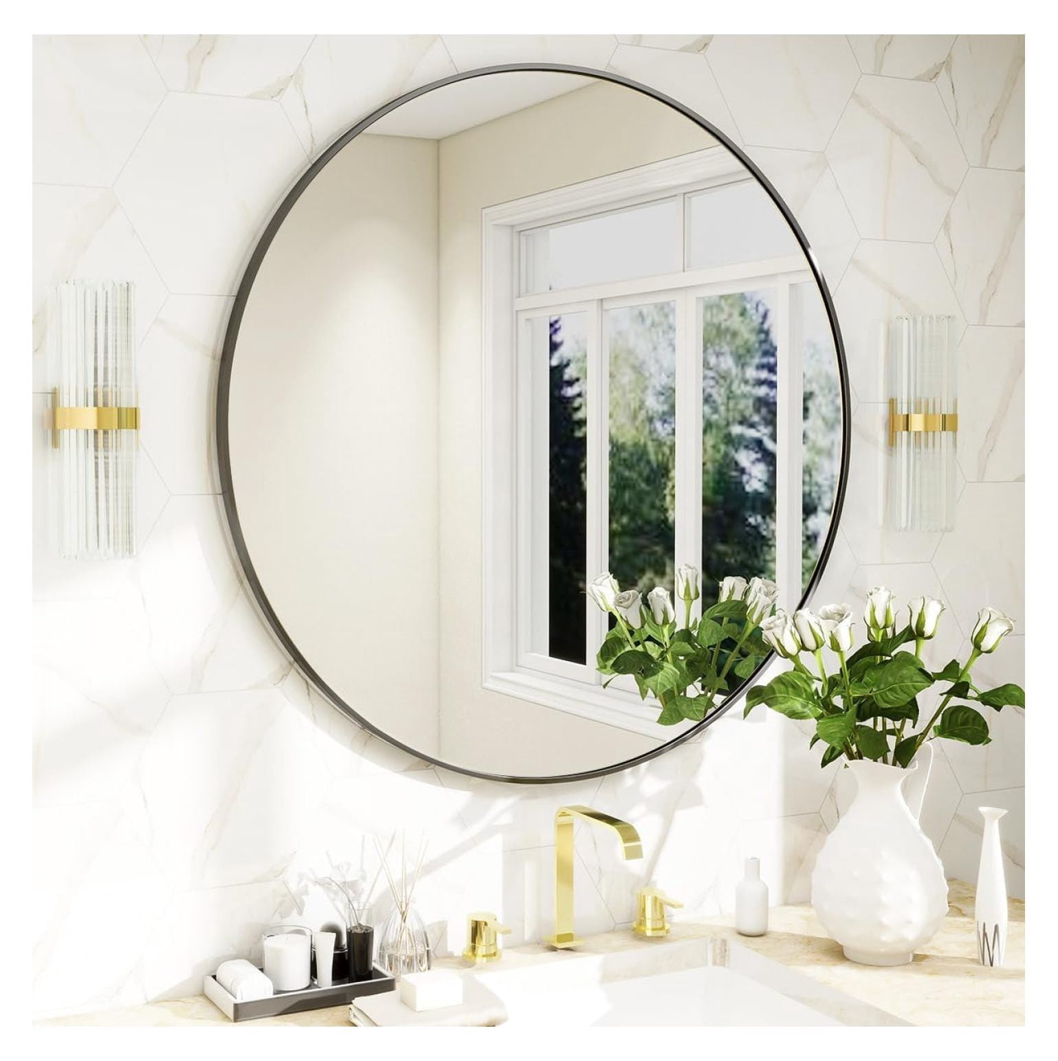 WDNMD9418 24 Inch Round Mirror, Black Metal Frame Circle Mirror, Wall ...