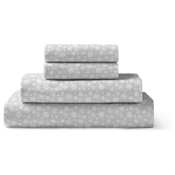 WDNMD9418 Flannel Sheet Set Cotton Soft Warm & Cozy Modern Chic with Elastic Deep Pockets, Full, Snowflake Lunar Grey