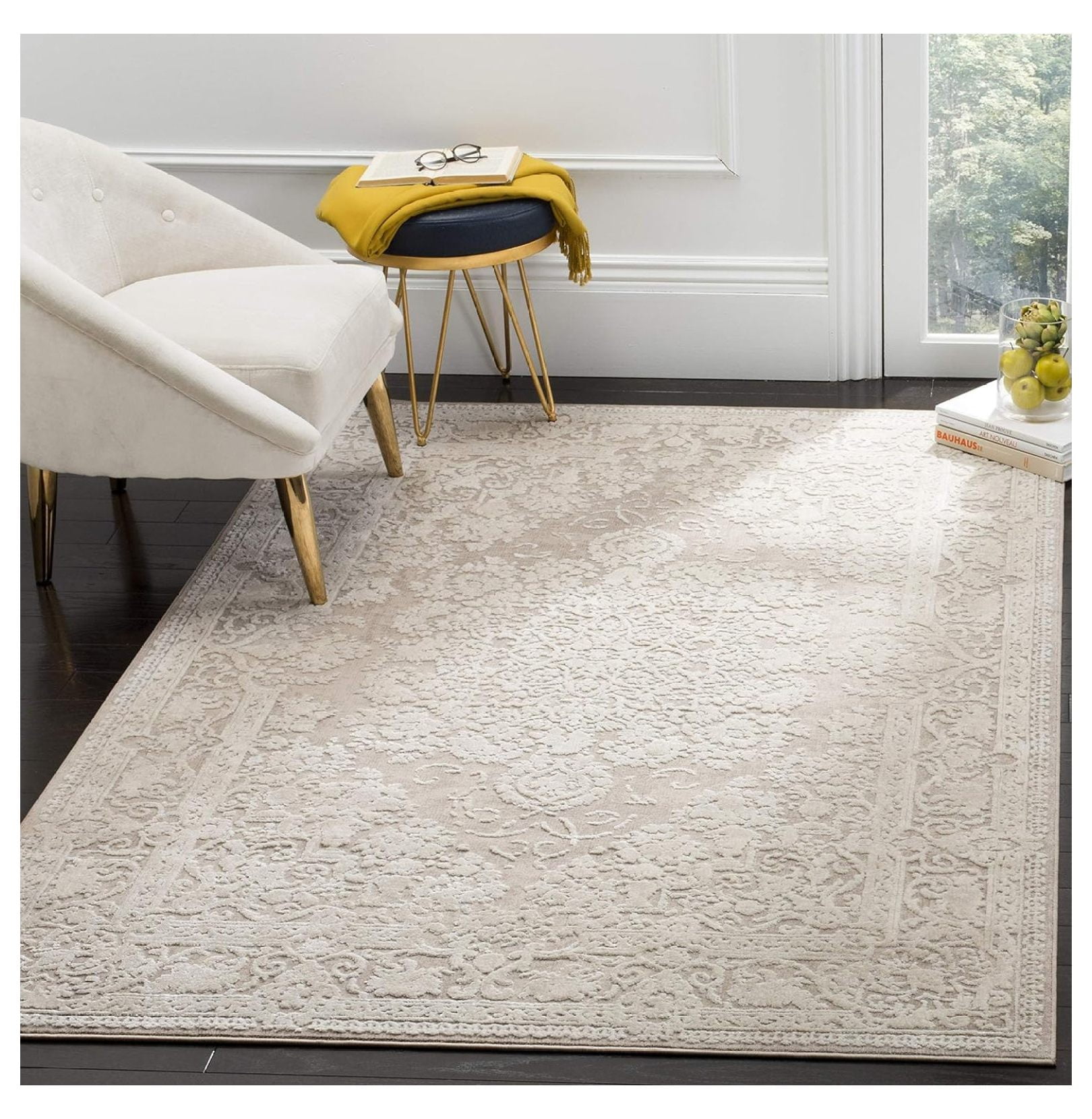 Beige Cream Floral Low Pile Area Rug