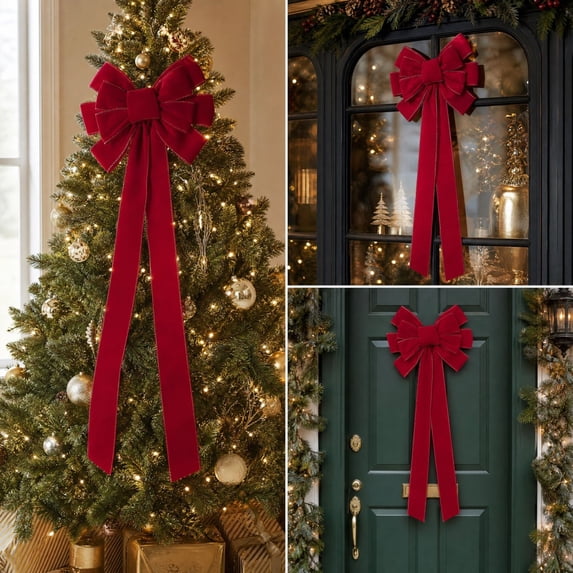 WDOBM Christmas Decorative Bows, Christmas Flocked Multi Loop Bow Hanging Ornament, Christmas Tree Bow, Velvet Christmas Bows for Home Decor Indoor