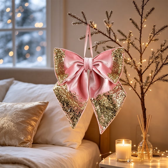WDOBM Christmas Decorative Bows, Sequined Gradient Christmas Bow Ornament Velvet Glitter Tree Decor, Christmas Tree Bow, Hanging Christmas Ornaments for Home Decor Indoor