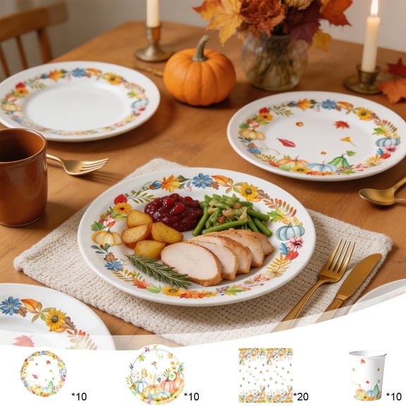 WDOBM Dinnerware Set, Party Tableware, Maple Leaf Pumpkin Thanksgiving Party Tableware Set, Eco Friendly, Disposable Cups Plates and Napkins for Holiday Tableware