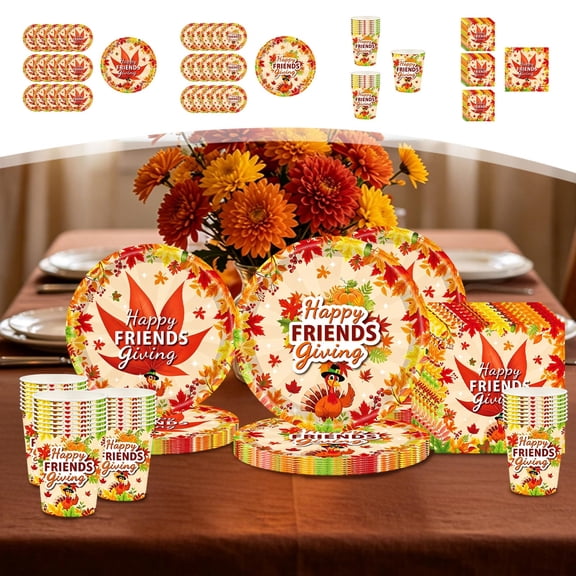 WDOBM Disposable Dinnerware, Party Tableware, 7in 9in Maple Leaf Turkey Fall Disposable Tableware Set, Eco Friendly, Disposable Cups Plates and Napkins for Holiday Tableware