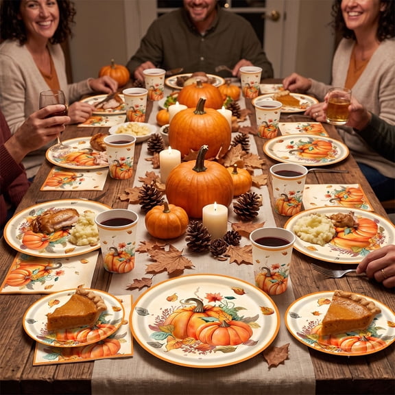 WDOBM Disposable Dinnerware, Party Tableware, Pumpkin Maple Leaf Thanksgiving Disposable Tableware Set, Eco Friendly, Disposable Cups Plates and Napkins for Holiday Tableware