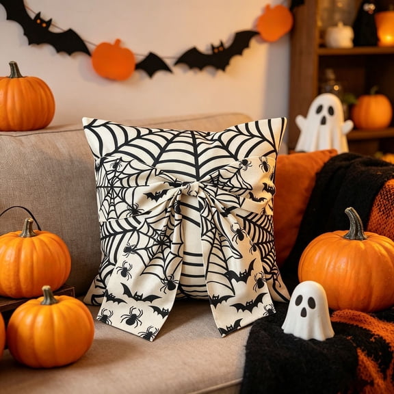 WDOBM Halloween Decorative Bows, Halloween Bow Print Pillowcase Sofa Cushion Festive Decor, Holiday Decor Bow, Satin Halloween Bows Pillowcase for Home Decor Indoor