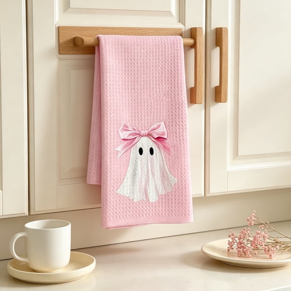 WDOBM Reusable Washcloths, Halloween Pink Ghost Bow Decor Kitchen Dish Cloth, Highly Absorbent Quick Dry Machine Washable, Kitchen Dish Towels for Household Cleaning