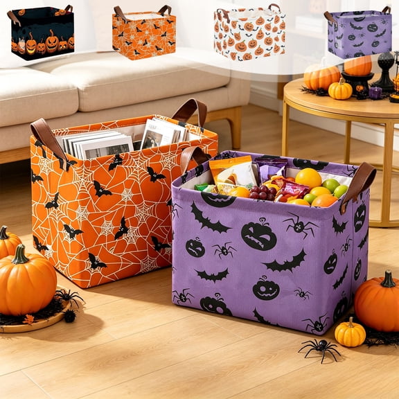 WDOBM Storage Basket, Baskets for Organizing, Pumpkin Ghost Bat Waterproof Halloween Storage Bin, Collapsible Storage Bins, Storage Baskets with Handles for Bedroom Storage Baskets