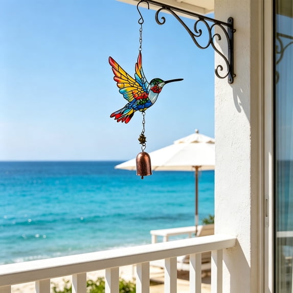 WDOBM Wind Chimes, Stained Glass Hummingbird Metal Bell Wind Chime, Weather Resistant Wind Chimes, Garden Patio Hanging Decor, Birthday Gifts for Mom