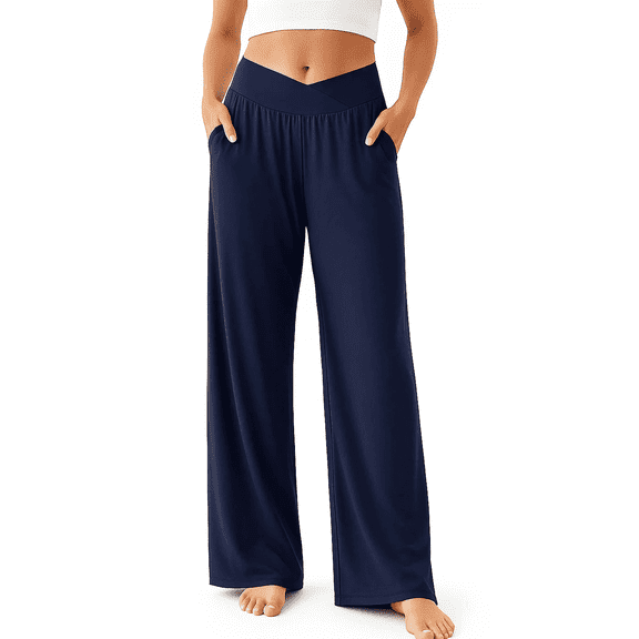 WQD Women's Wide Leg Yoga Sweatpants Comfy Crossover High Waisted Lounge Pants with Pockets Casual Loose Fit Flowy Pajama Pants