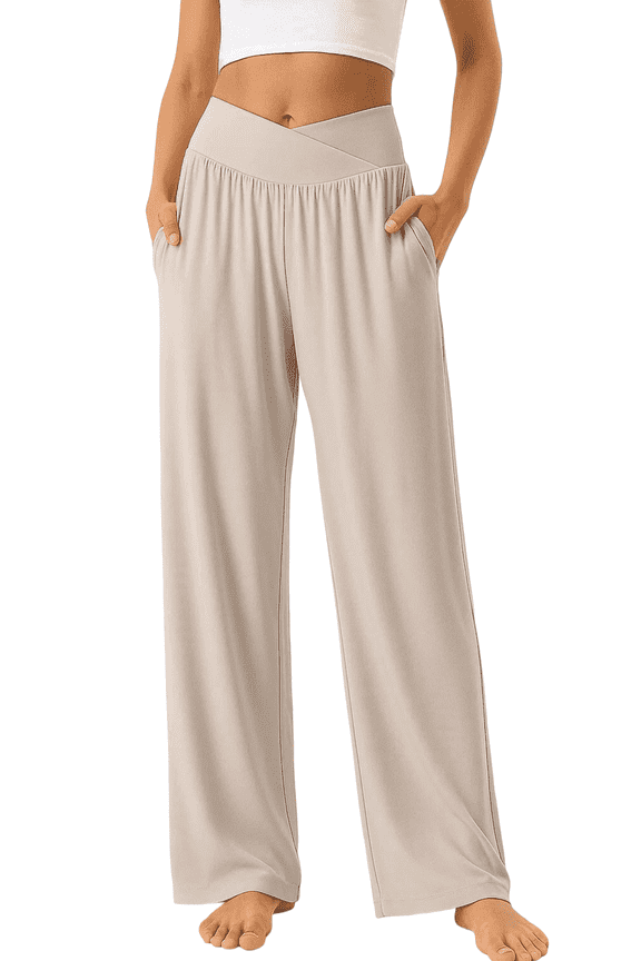 Women's Wide Leg Yoga Sweatpants Comfy Crossover High Waisted Lounge Pants with Pockets Casual Loose Fit Flowy Pajama Pants