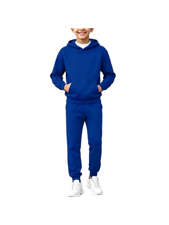 Boys Fleece Lined 2 Piece Sweatsuit Soft Warm Long Sleeve Hoodie and Jogger Sweatpants Casual Active Regular Fit Tracksuit Set Blue 2-3 Years