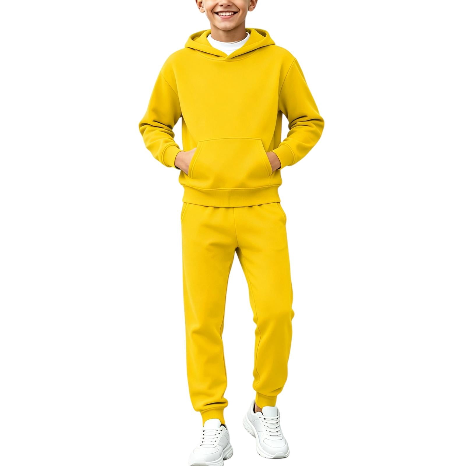 WDWYY Boys Fleece Lined 2 Piece Sweatsuit Soft Warm Regular Fit Casual Active Long Sleeve Hoodie and Jogger Sweatpants Tracksuit Set Yellow 9-10 Years