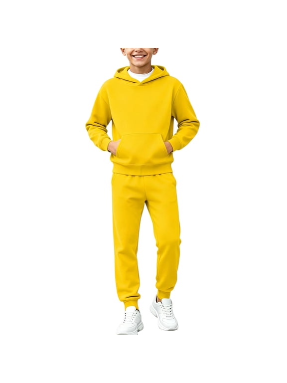 Boys Fleece Lined 2 Piece Sweatsuit Soft Warm Regular Fit Casual Active Long Sleeve Hoodie and Jogger Sweatpants Tracksuit Set Yellow 9-10 Years