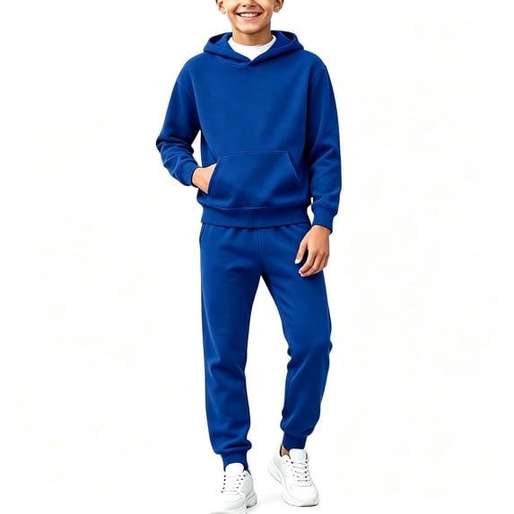 WDWYY Boys Fleece Lined 2 Piece Sweatsuit Soft Warm Regular Fit Casual Active Long Sleeve Hoodie and Jogger Sweatpants Tracksuit Set Blue 9-10 Years