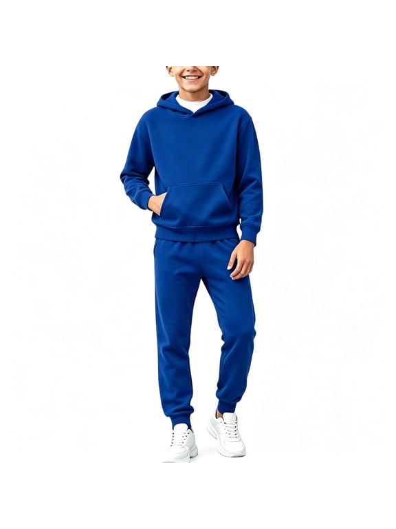 Boys Fleece Lined 2 Piece Sweatsuit Soft Warm Regular Fit Casual Active Long Sleeve Hoodie and Jogger Sweatpants Tracksuit Set Blue 9-10 Years