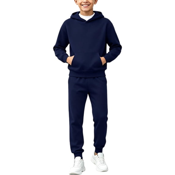 WDWYY Boys Fleece Lined 2 Piece Sweatsuit Soft Warm Regular Fit Casual Active Long Sleeve Hoodie and Jogger Sweatpants Tracksuit Set Navy 5-6 Years