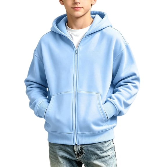 WDWYY Boys Girls Full Zip Hoodie Loose Fit School Casual Long Sleeve Soft Hooded Sweatshirt Jacket with Pockets Light Blue 8-9 Years