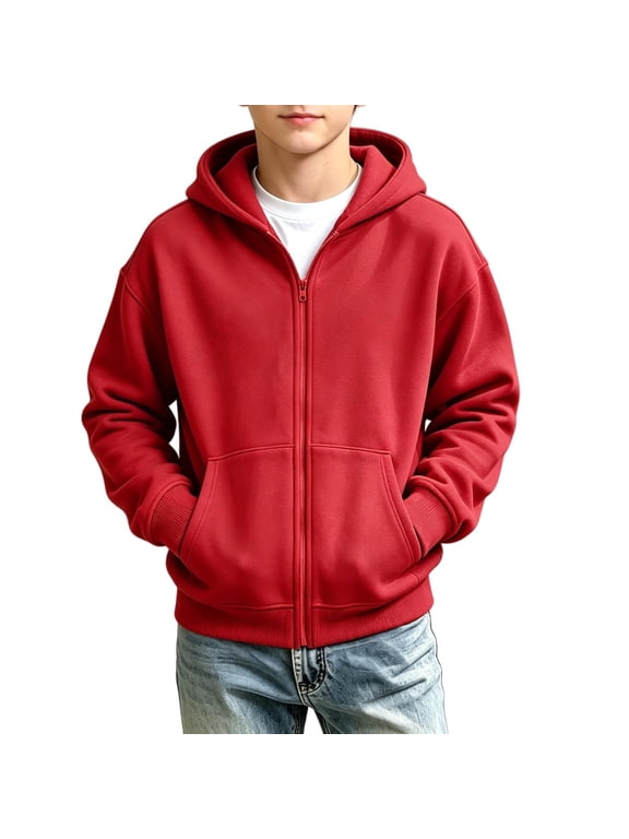 Boys Girls Full Zip Hoodie Loose Fit School Casual Long Sleeve Soft Hooded Sweatshirt Jacket with Pockets Red 12-13 Years