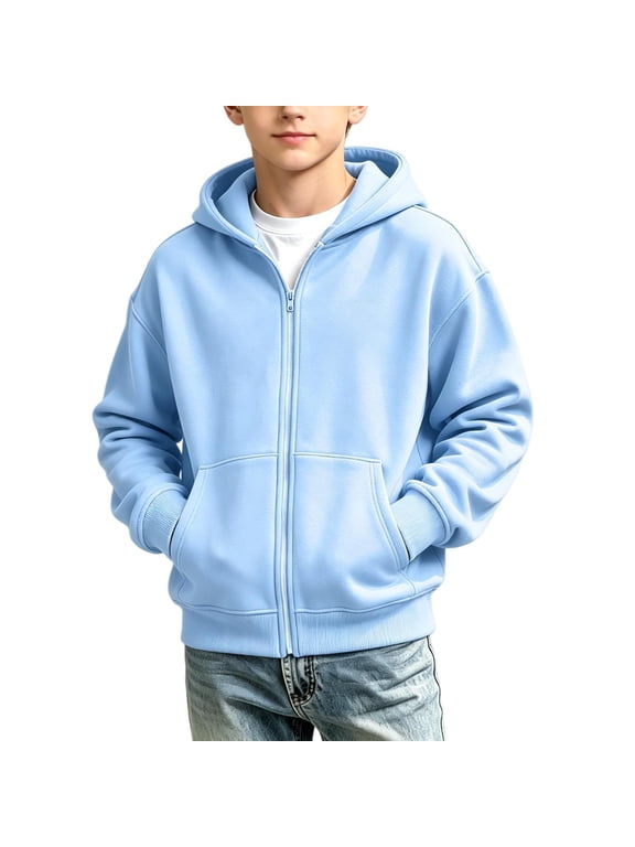 Boys Girls Full Zip Hoodie School Casual Loose Fit Soft Long Sleeve Hooded Sweatshirt Jacket with Pockets Light Blue 10-11 Years