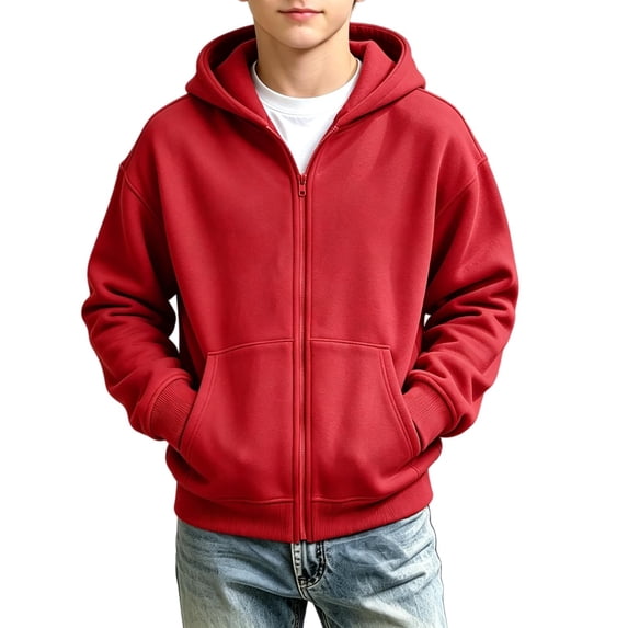 WDWYY Boys Girls Cotton Full Zip Hoodie School Casual Loose Fit Soft Long Sleeve Hooded Sweatshirt Jacket with Pockets Red 4-5 Years