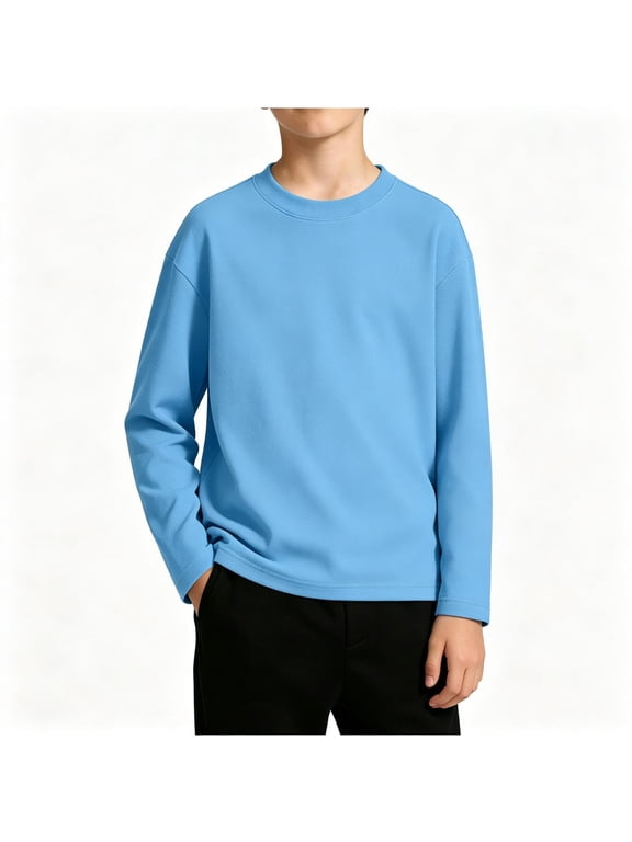 Boys Girls Cotton Long Sleeve T Shirt Pullover Casual Crew Neck Soft Basic Solid Tees Sky Blue 7-8 Years