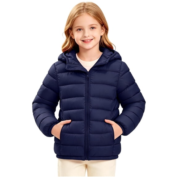 WDWYY Boys Girls Hooded Puffer Jacket Full Zip Windproof Winter Casual Long Sleeve Quilted Coat with Pockets Navy 9-10Years