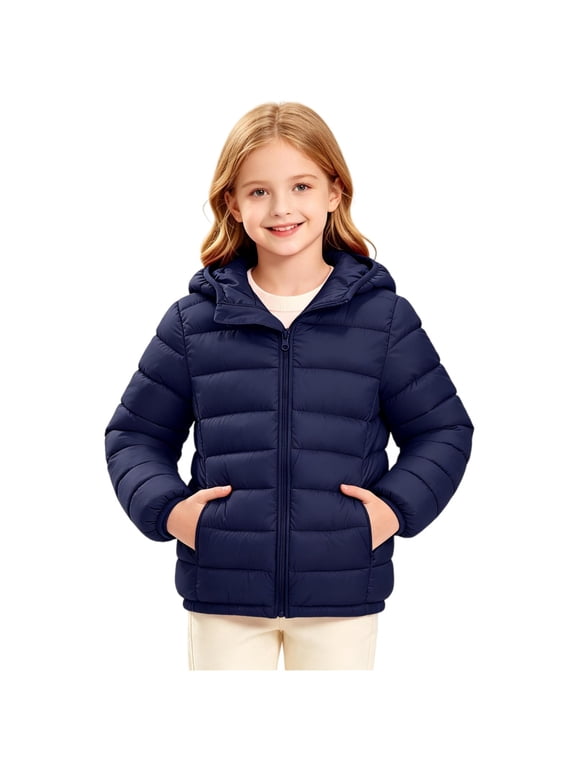 Boys Girls Hooded Puffer Jacket Long Sleeve Winter Casual Full Zip Windproof Quilted Coat with Pockets Navy 7-8Years