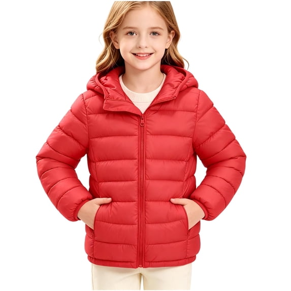 WDWYY Boys Girls Hooded Puffer Jacket Long Sleeve Winter Casual Full Zip Windproof Quilted Coat with Pockets Red 11-12Years
