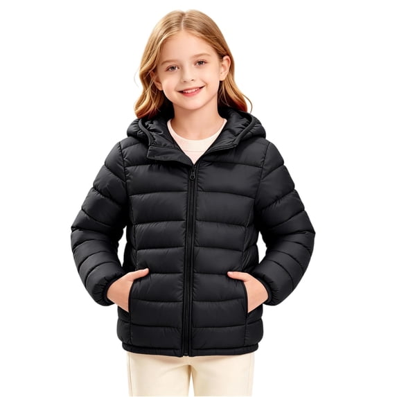 WDWYY Boys Girls Hooded Puffer Jacket Windproof Winter Casual Long Sleeve Full Zip Quilted Coat with Pockets Black 9-10Years