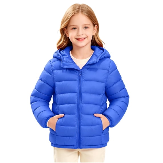 WDWYY Boys Girls Hooded Puffer Jacket Windproof Winter Casual Long Sleeve Full Zip Quilted Coat with Pockets Blue 11-12Years