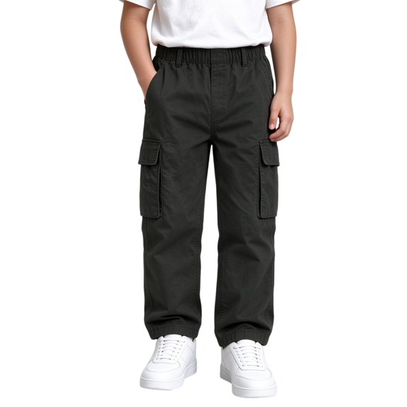 WDWYY Boys Pull On Cargo Pants Durable Relaxed Fit Straight Leg Elastic Waist Casual Pants with Multi Pockets Black 11-12Y