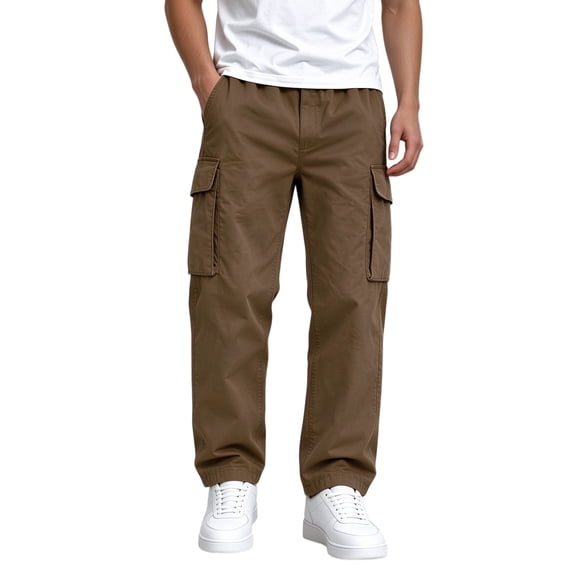 WDWYY Boys Pull On Cargo Pants Straight Leg Elastic Waist Durable Relaxed Fit Casual Pants with Multi Pockets Coffee 7-8Y