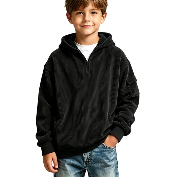 WDWYY Boys Quarter Zip Corduroy Hoodie Fall Casual Soft Stretch Loose Fit Long Sleeve Pullover Top with Arm Pocket Black 9-10 Years