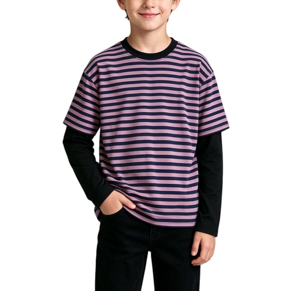 WDWYY Boys Striped Long Sleeve T Shirt Fake Two Piece Crew Neck Soft Stretchy Loose Fit Casual Tee Purple 2-3Y