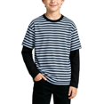thumbnail image 1 of WDWYY Boys Striped Long Sleeve T Shirt Soft Stretchy Loose Fit Fake Two Piece Crew Neck Casual Tee Blue 12-13Y, 1 of 8