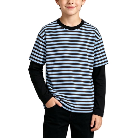 WDWYY Boys Striped Long Sleeve T Shirt Soft Stretchy Loose Fit Fake Two Piece Crew Neck Casual Tee Blue 12-13Y