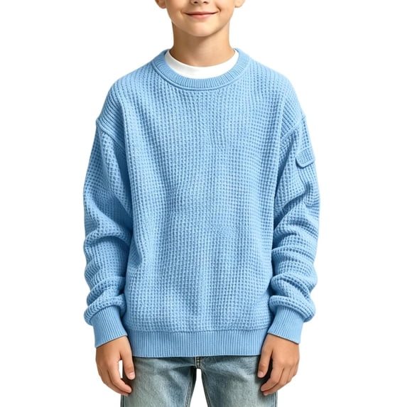 WDWYY Boys Waffle Knit Crew Neck Sweatshirt Arm Pocket Casual School Long Sleeve Loose Fit Pullover Top Light Blue 9-10 Years