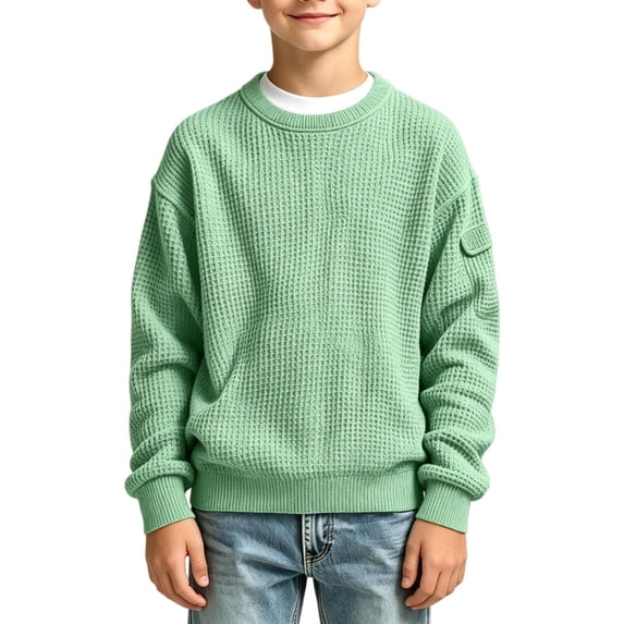 WDWYY Boys Waffle Knit Crew Neck Sweatshirt Long Sleeve Casual School Loose Fit Arm Pocket Pullover Top Green 13-14 Years