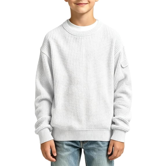 WDWYY Boys Waffle Knit Crew Neck Sweatshirt Long Sleeve Casual School Loose Fit Arm Pocket Pullover Top White 13-14 Years