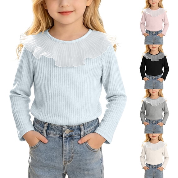 WDWYY Girls Waffle Knit Long Sleeve Top Lace Ruffle Pullover Cotton Blend Crew Neck Cute Top Pink 5-6 Years