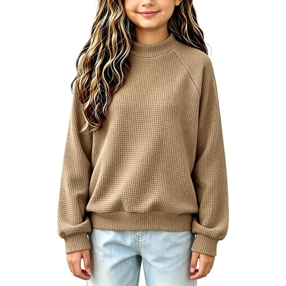 WDWYY Girls Waffle Knit Mock Neck Sweatshirt Fall Winter Pullover Loose Fit Raglan Long Sleeve Casual Top Khaki 11-12Y