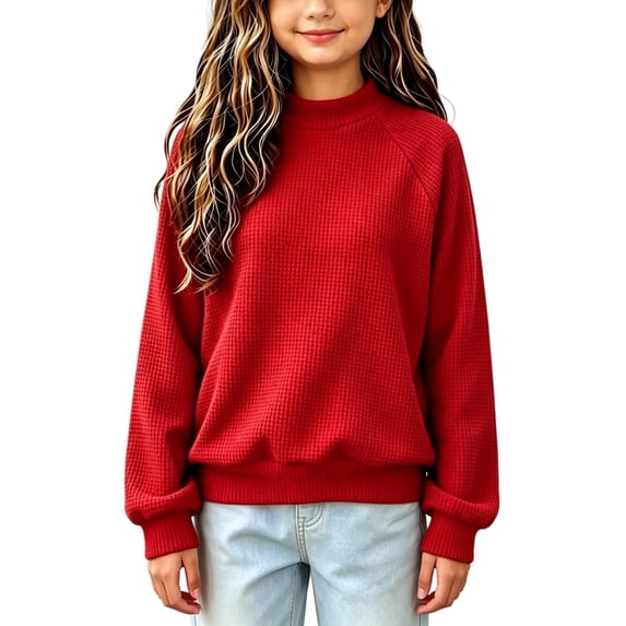 WDWYY Girls Waffle Knit Mock Neck Sweatshirt Raglan Long Sleeve Fall Winter Loose Fit Pullover Casual Top Red 13-14Y