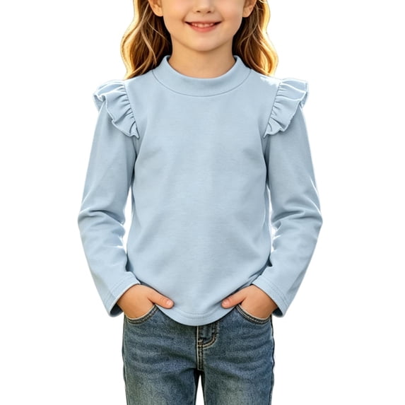 WDWYY Little Girls Cotton Long Sleeve Top Loose Fit Casual Crew Neck Ruffle Shoulder Soft T Shirt Light Blue 4-5 Years