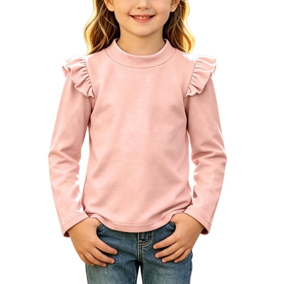 WDWYY Little Girls Cotton Long Sleeve Top Ruffle Shoulder Crew Neck Casual Loose Fit Soft T Shirt Pink 3-4 Years